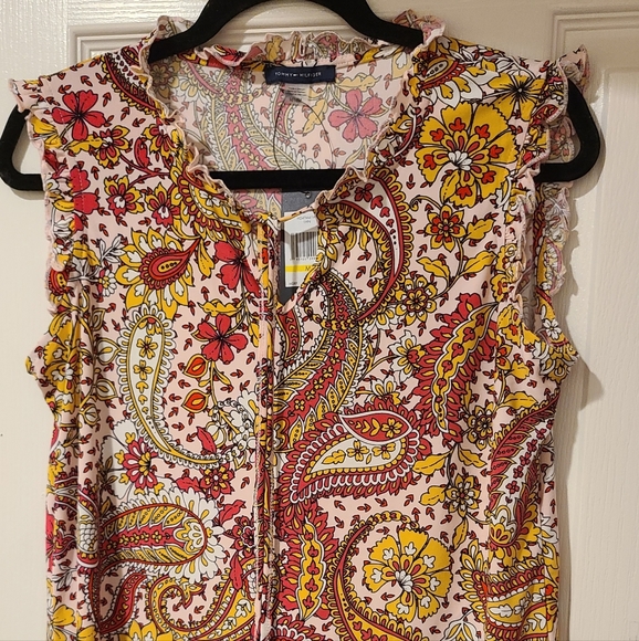 TOMMY HILFIGER PAISLEY RUFFLE SLEEVE FRONT TIE TASSELS TOP - Picture 7 of 14